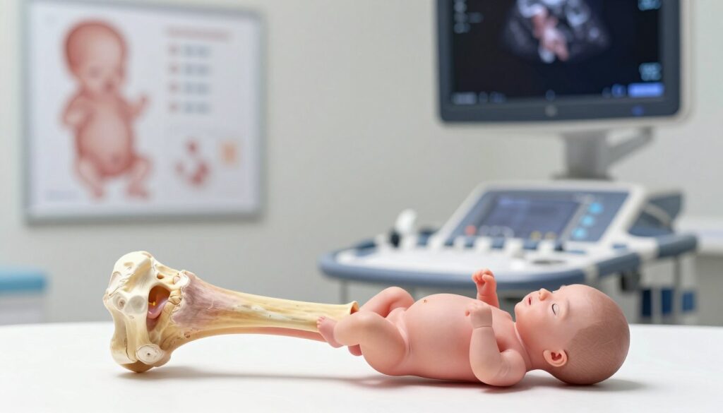 A detailed anatomical illustration of a fetal femur (kość udowa) in a medical context. In the foreground, feature a clear, realistic depiction of the femur with accurate anatomical details, including length and curvature. The middle ground should include soft, diffused lighting to highlight the bone's texture, and a medical imaging device, like an ultrasound machine, subtly positioned to indicate the measurement process. In the background, softly blurred medical charts and diagrams related to fetal growth, enhancing the clinical setting without distraction. The overall atmosphere should convey professionalism and clarity, focusing on the precision required in fetal measurements, suitable for an educational article.