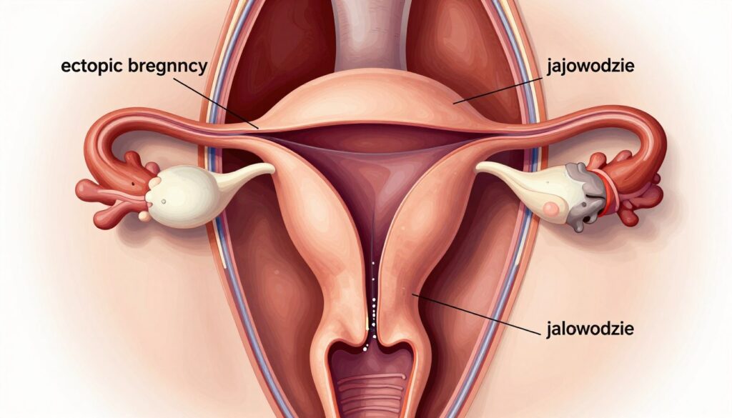 A detailed anatomical illustration of an "ectopic pregnancy," focusing on the jajowodzie (fallopian tube), showcasing its structure and surrounding tissues in vibrant detail. In the foreground, a clear, well-labeled diagram of the fallopian tube showing its connection to the uterus, with highlighted areas indicating potential locations for ectopic implantation. The middle ground features a simplified diagram of surrounding reproductive organs for context. The background includes soft, neutral colors to enhance focus on the subject. The lighting is bright and clinical, reminiscent of a medical illustration, with a slight 3D effect to give depth. The overall mood is informative and professional, suitable for a medical article. A detailed anatomical illustration of an "ectopic pregnancy," focusing on the jajowodzie (fallopian tube), showcasing its structure and surrounding tissues in vibrant detail. In the foreground, a clear, well-labeled diagram of the fallopian tube showing its connection to the uterus, with highlighted areas indicating potential locations for ectopic implantation. The middle ground features a simplified diagram of surrounding reproductive organs for context. The background includes soft, neutral colors to enhance focus on the subject. The lighting is bright and clinical, reminiscent of a medical illustration, with a slight 3D effect to give depth. The overall mood is informative and professional, suitable for a medical article.