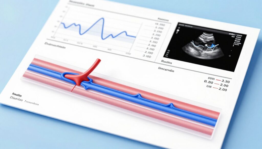 A detailed anatomical illustration of arterial Doppler ultrasound results, showcasing various arterial measurements and flow patterns. In the foreground, a transparent overlay of traced arteries with colored blood flow measurements in red and blue, indicating direction and speed. In the middle ground, a stylized medical report layout displaying graphs and numerical values, emphasizing the interpretation of the data. The background features a subtle gradient of light blue and white, reflecting a clinical environment. The lighting is bright and soft to create a clean, professional mood, focusing on clarity and precision. The angle is slightly tilted, capturing depth while maintaining an educational focus on the illustration’s details, without any human subjects or text overlays.