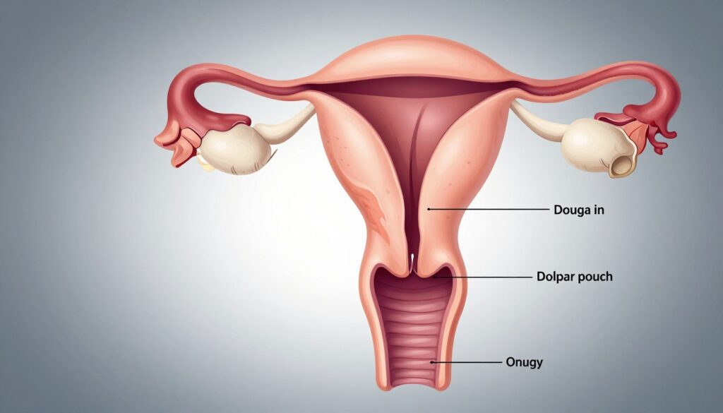 A detailed anatomical illustration of female reproductive organs, focusing on the ovaries, fallopian tubes, and the Douglas pouch. In the foreground, depict the ovaries with detailed textures and coloration, showcasing the structural features. In the middle ground, include the fallopian tubes, elegantly curving towards the uterus, highlighted with accurate anatomical labels. The Douglas pouch should be subtly indicated, showing its position in relation to the other structures. The background features a soft gradient to enhance depth, with cool, clinical lighting to evoke a sterile medical atmosphere. Use an angled view that emphasizes the spatial relationship between the organs, ensuring clarity and accuracy in the depiction. The overall mood should be informative and professional, suitable for educational purposes.