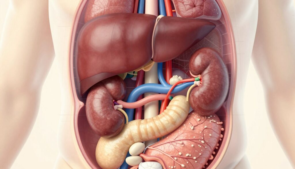 A detailed anatomical illustration of human abdominal organs, including the liver, kidneys, pancreas, and spleen, clearly labeled for educational purposes. The organs should be displayed in a transparent view, revealing intricate details like blood vessels and surrounding tissues. In the foreground, focus on the cross-section of the abdomen, showcasing a view from slightly above to emphasize the organs' positions relative to each other. The middle layer should feature a subtle grid overlay, indicating measurements and orientations. Use soft, natural lighting to enhance the realism, with shadows gently depicting the organs' contours. The background should be a tranquil, neutral color to maintain focus on the organs while providing a clean, professional atmosphere for educational content.