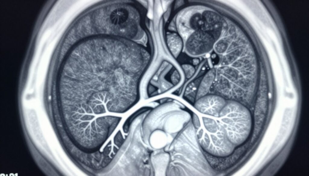 A detailed anatomical illustration of the human bile ducts and pancreatic duct as seen in an MRI scan, showcasing their intricate structures. In the foreground, highlight the bile ducts with a focus on their branching patterns, rendered in bright contrast against a soft, illuminated background that simulates a medical imaging environment. The middle ground should include the pancreas, depicted with precise clarity, illustrating its relationship to the bile ducts. In the background, subtle hints of anatomical labels and gradients can enhance the scientific feel. Utilize soft, diffused lighting to create a calm and professional atmosphere, with a focus on anatomical accuracy, viewed from a slightly angled perspective to enhance depth. The overall mood should convey a sense of advanced medical expertise and clarity.