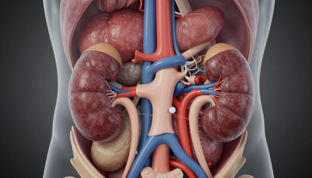A detailed anatomical illustration of the retroperitoneal space, showcasing key organs such as the kidneys, ureters, and major blood vessels. In the foreground, a semi-transparent illustration clearly highlights the important structures with color coding for easy identification. The middle layer features a subtle gradient background that suggests depth, enhancing the 3D appearance of the organs. The lighting is soft and focused, emphasizing the anatomical features without harsh shadows. The angle should provide a slight perspective, giving viewers a comprehensive view of the space while maintaining clarity. The mood is educational and clinical, ideal for medical professionals and students studying abdominal ultrasound techniques. No text or overlays present.