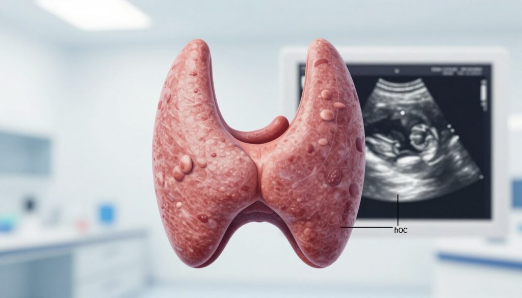 A detailed anatomical illustration of the thyroid gland, focusing on its volume and dimensions. The foreground features a stylized, accurate rendering of the thyroid, showcasing its lobes and isthmus in vivid detail, emphasizing its structure and size. In the middle ground, subtly shaded ultrasound imagery provides a technical backdrop, illustrating how the thyroid appears in scans, with specific measurements annotated in a clear, professional way. The background is softly blurred to suggest a clinical setting, with gentle lighting that creates an educational and informative atmosphere. The image maintains a focus on the thyroid’s anatomy, artfully composed to enhance understanding without any distractions.