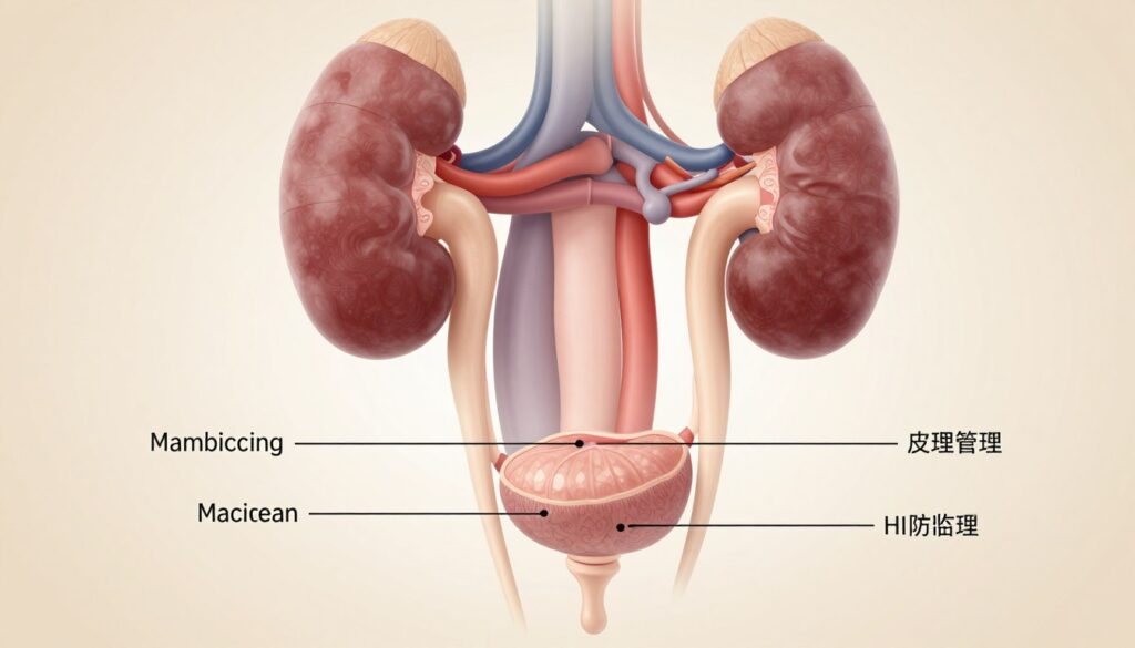 A detailed anatomical illustration of the urinary system, featuring the bladder and surrounding structures like the kidneys and ureters. The foreground should highlight a clear, labeled diagram of the bladder in a semi-transparent style, showing internal features such as the mucosa and muscular layers. In the middle ground, include a gradient representation of the kidneys and ureters, depicted in a medical diagram style, with labels for clarity. The background should be a soft, neutral color to enhance visibility. Use soft, diffused lighting to create an informative yet professional mood. The image should convey a sense of precision and scientific accuracy, suitable for educational purposes, without any human figures or distracting elements.