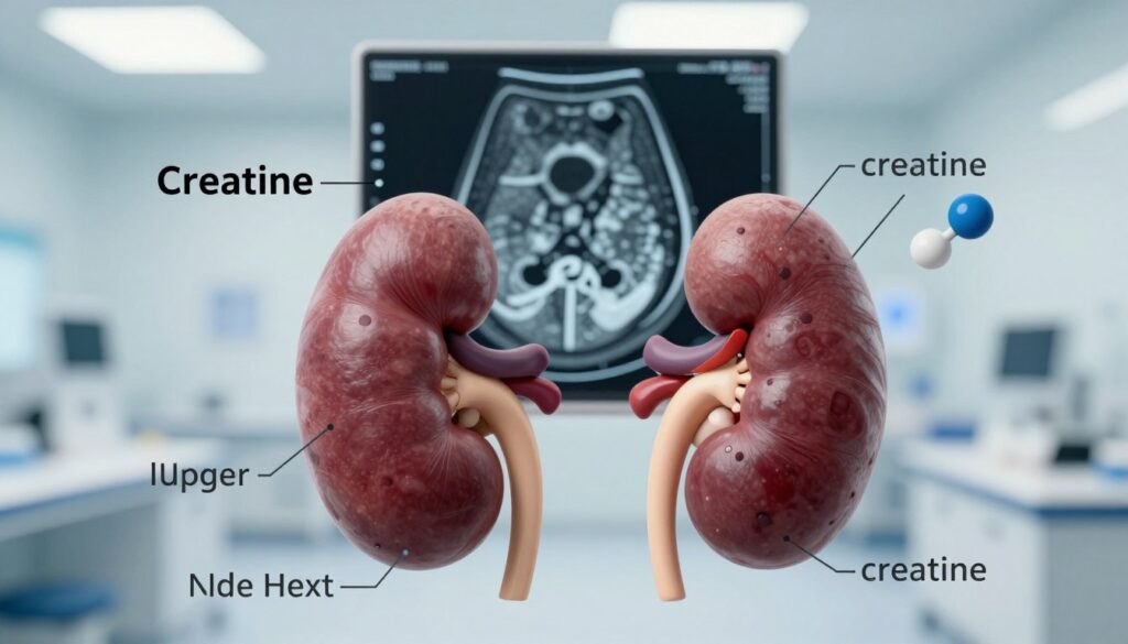 A detailed anatomical illustration showcasing kidneys and creatinine levels in a clinical context. In the foreground, a pair of realistic human kidneys is displayed, highlighting their structure with labels indicating key areas. Surrounding the kidneys, a graphical representation of a creatinine molecule is integrated, with arrows pointing to various kidney functions. In the middle ground, a soft-focus diagram of a medical scan, similar to an MRI, is partially visible, emphasizing the connection between imaging and kidney health. The background is softly blurred but suggests a clinical environment with cool hues. The lighting is bright and clinical, mimicking the illumination of a hospital room. The overall mood is educational, professional, and informative, suitable for a medical article.