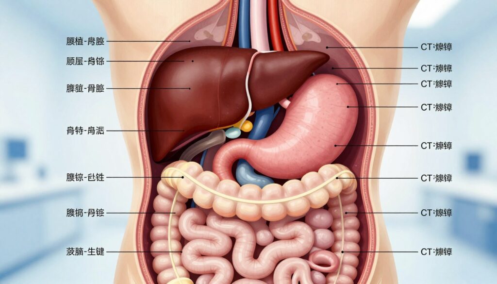 A detailed anatomy illustration focusing on the abdominal cavity, showcasing cross-sectional views from a medical perspective. The foreground features clearly labeled organs such as the liver, stomach, intestines, and kidneys, arranged in a visually appealing manner. In the middle ground, add color-coded indicators for common terms and findings from CT scan descriptions, ensuring clarity and education. The background should be a soft gradient that suggests a clinical setting, providing a professional atmosphere. Use bright, natural lighting to enhance the visibility of details. The mood should be informative and scientific, aimed at educating the viewer about abdominal CT scan terminology without any human figures or superfluous elements.