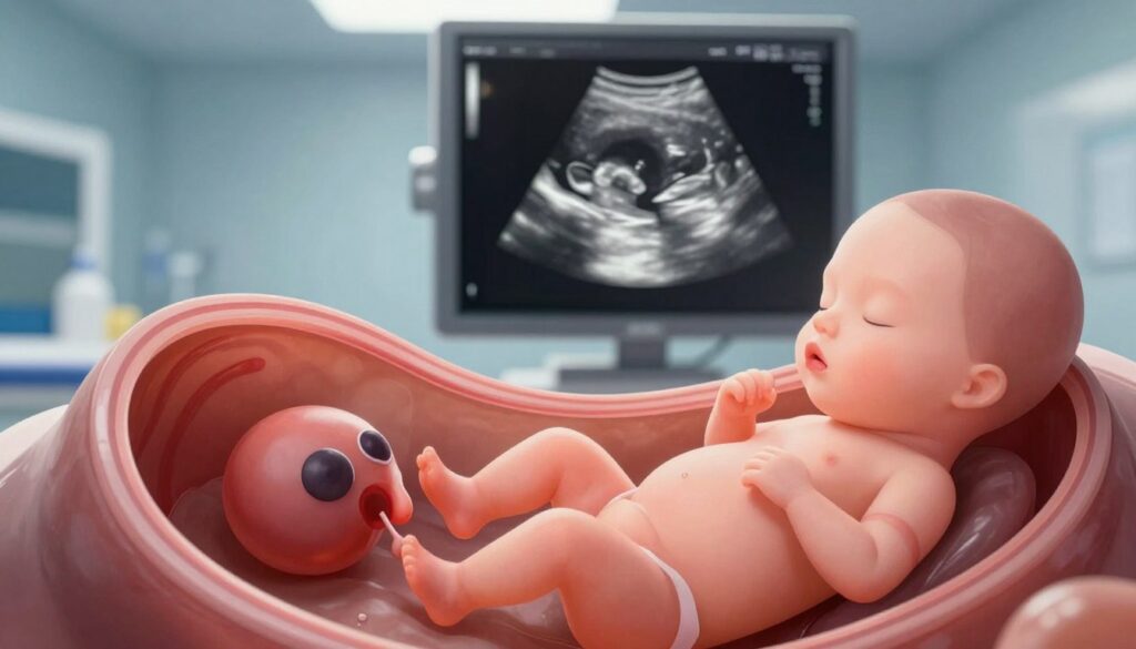 A detailed and anatomically accurate illustration of fetal genital development in a medical context. The foreground shows a close-up of the developing male reproductive organs, highlighting key features such as testes and the penis, within a translucent womb. In the middle ground, a clear ultrasound image displays the frame of a fetus at approximately 20 weeks gestation, with soft, diffused lighting to enhance the clarity of the anatomical structures. The background features a sterile medical examination room, slightly blurred to emphasize the focus on the ultrasound image. The overall mood conveys a sense of professionalism and scientific curiosity. The image should avoid any explicit or suggestive elements, ensuring it remains educational and informative.