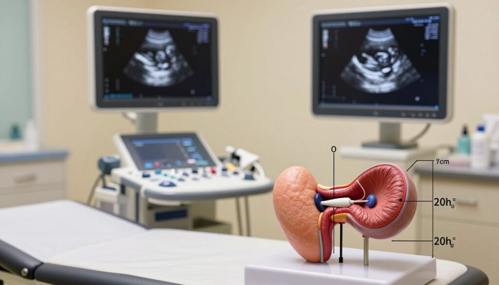 A detailed and educational illustration of a prostate gland displayed in a clear and precise manner, showcasing healthy dimensions with labeled measurements. In the foreground, depict a realistic anatomical model of the prostate, emphasizing its texture and structural details, positioned on a medical examination table. In the middle ground, include an ultrasound device with a monitor displaying a typical ultrasound image of a prostate, showcasing normal measurements, surrounded by medical instruments like gel and a probe. The background features a sterile medical environment with soft, warm lighting to evoke a trustworthy and professional atmosphere. The composition should be well-balanced, focusing on clarity and educational value without any extraneous elements or text overlays.