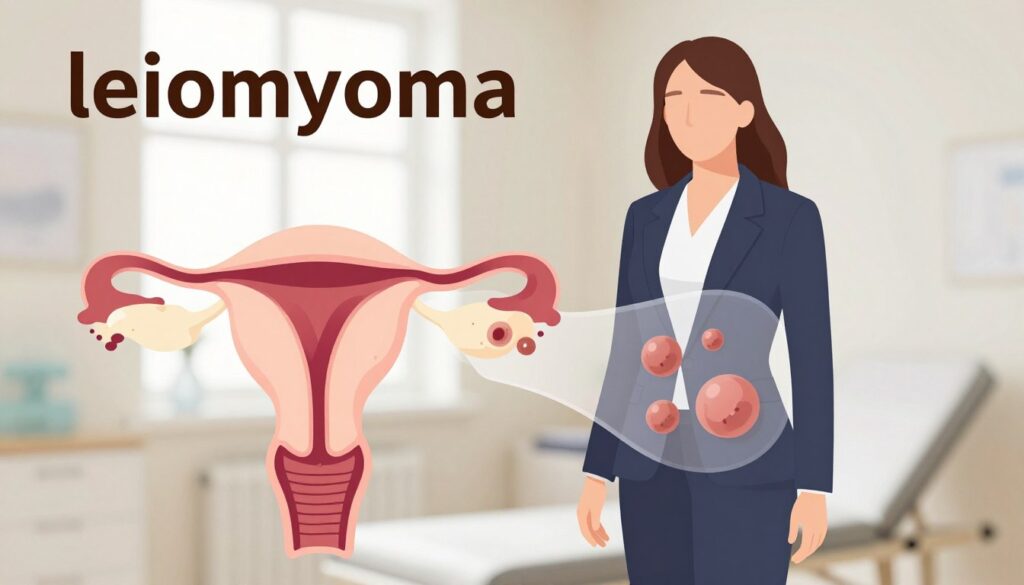 A detailed and educational illustration of "leiomyoma" or uterine fibroids, visually highlighting their impact on fertility and pregnancy. In the foreground, a stylized anatomical diagram of the female reproductive system, with a focus on the uterus, displaying multiple fibroids in varying sizes. In the middle, an illustrated female silhouette, dressed in professional business attire, showcasing a transparent overlay of the reproductive organs to demonstrate fibroid locations. The background emphasizes a serene medical environment, with soft natural lighting filtering through windows, creating a calm and informative atmosphere. The angle is slightly tilted to provide a three-dimensional view, enhancing the visualization of the fibroids’ positions in relation to the surrounding anatomy. The overall mood conveys professionalism and educational clarity.
