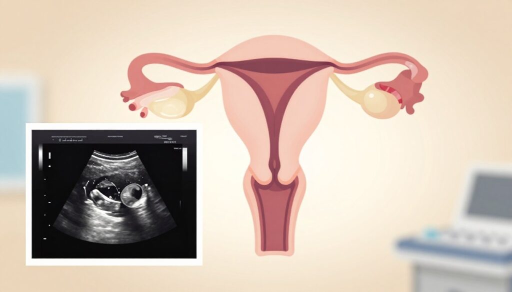 A detailed and informative illustration of the concept of "ovulation" as seen in the context of a medical ultrasound. In the foreground, depict a clear, labeled ultrasound image showing the uterus with a focus on fluid presence, highlighting the ovarian follicle ready for ovulation. In the middle ground, include anatomical illustrations of the female reproductive system, emphasizing the ovaries and fallopian tubes, depicted in a semi-transparent style. The background should feature a neutral, soft color gradient to convey a clinical environment. Use soft, even lighting to create a calm and professional atmosphere, suggesting a medical setting. The image should feel educational and informative, aimed at a healthcare audience, with attention to detail in anatomy and ultrasound imagery.