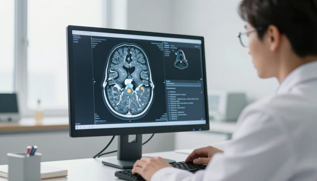 A detailed and informative medical scene depicting a radiologist analyzing a magnetic resonance imaging (MRI) scan. In the foreground, a focused radiologist, dressed in professional white lab coat and glasses, intently examines the MRI results on a digital display. The middle ground features a large screen displaying a high-resolution MRI scan of the human brain, with highlighted areas of interest to convey the complexities of interpretation. The background shows a clean, modern medical office, accentuated by soft, natural lighting from large windows, casting gentle shadows that create an inviting atmosphere. The lens should have a shallow depth of field to emphasize the subject while softly blurring the background. Overall, the mood should be one of professionalism and clarity, highlighting the significance of detailed examination in medical diagnostics. A detailed and informative medical scene depicting a radiologist analyzing a magnetic resonance imaging (MRI) scan. In the foreground, a focused radiologist, dressed in professional white lab coat and glasses, intently examines the MRI results on a digital display. The middle ground features a large screen displaying a high-resolution MRI scan of the human brain, with highlighted areas of interest to convey the complexities of interpretation. The background shows a clean, modern medical office, accentuated by soft, natural lighting from large windows, casting gentle shadows that create an inviting atmosphere. The lens should have a shallow depth of field to emphasize the subject while softly blurring the background. Overall, the mood should be one of professionalism and clarity, highlighting the significance of detailed examination in medical diagnostics.