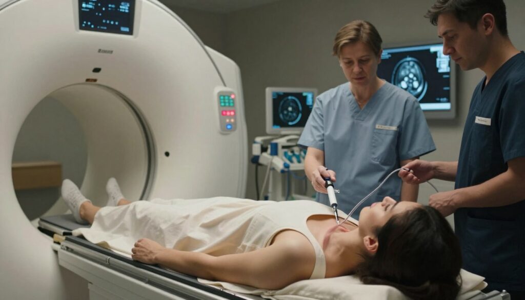 A detailed and informative representation of a magnetic resonance imaging (MRI) procedure focusing on the shoulder joint, highlighting the use of contrast agent and arthrogram. In the foreground, an MRI machine with a patient lying on the table, dressed in a modest gown, calmly prepared for the scan. The middle layer features a contrast agent being injected into the shoulder joint area, with medical professionals in professional business attire observing the process with focused expressions. In the background, dimly lit hospital equipment and MRI scans displayed on screens, creating a clinical atmosphere. Soft, ambient lighting enhances the professional setting, while a shallow depth of field emphasizes the procedure's details, conveying a sense of meticulous care in a healthcare environment.