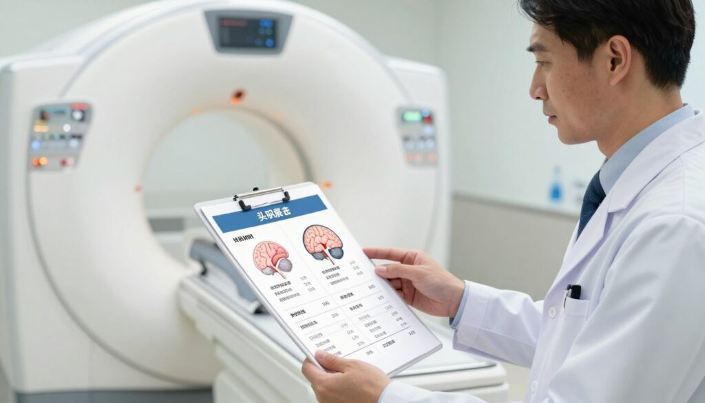 A detailed and professional illustration depicting the pricing chart for MRI scans, focusing specifically on the head region. In the foreground, there should be a clear, visually appealing chart showing various prices for head MRI scans, with graphics representing the MRI machine and brain anatomy. The middle ground features a medical professional in business attire, possibly a radiologist, analyzing the chart with a look of concentration. The background contains a softly lit MRI machine in a clinical setting, enhancing the medical atmosphere. Highlight a calm and informative mood with soft, natural lighting to convey trust and professionalism. The composition should allow for a clear understanding of the subject without any distractions, ensuring no text or logos are present.