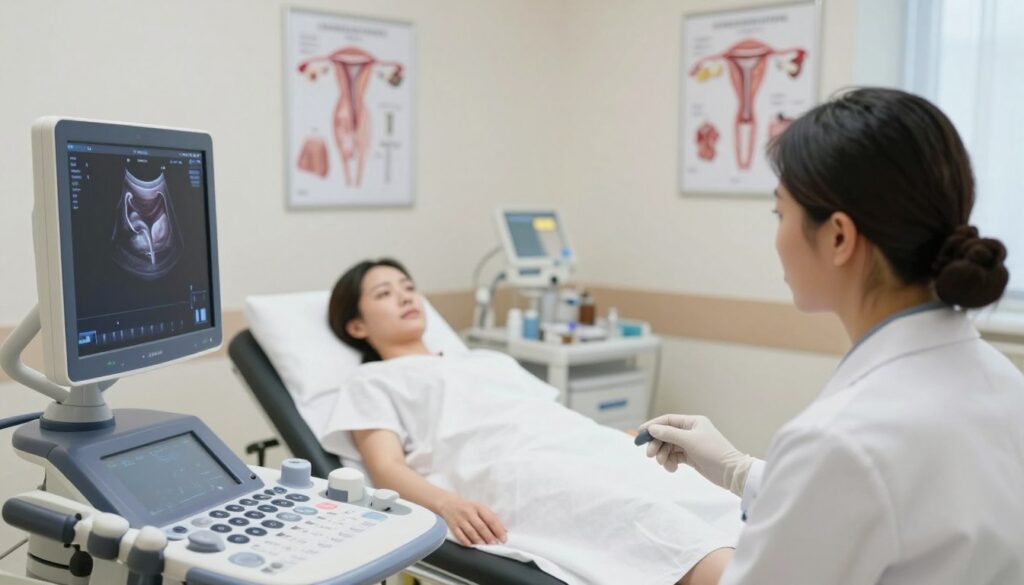 A detailed and professional medical environment showcasing a transvaginal ultrasound examination. In the foreground, a medical professional in a lab coat and gloves is attentively observing the ultrasound monitor, depicting a clear image of the pelvic area. In the middle ground, the patient, dressed in a modest hospital gown, is lying on the examination table, appearing calm and informed. The background includes essential medical equipment, like ultrasound machines and anatomical charts of the female reproductive system. Soft, natural lighting enhances the atmosphere of professionalism and care, while a neutral color palette adds to the clinical feel. The composition should evoke a sense of trust and reassurance regarding the examination process and its diagnostic capabilities.