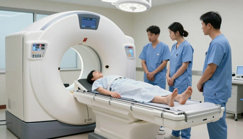 A detailed and realistic depiction of a modern computed tomography (CT) scanner in a clinical setting. In the foreground, highlight the CT machine with its circular opening and sleek design, showcasing buttons and a control panel. In the middle, illustrate a patient on the examination table, lying still and wearing a hospital gown, surrounded by medical professionals in scrubs, carefully monitoring the procedure. In the background, include medical equipment and bright overhead lights that create a sterile environment, with soft shadows enhancing the scene’s depth. Use natural daylight filtering through a window to create a calm atmosphere, capturing the seriousness of the medical examination while maintaining professionalism and cleanliness.