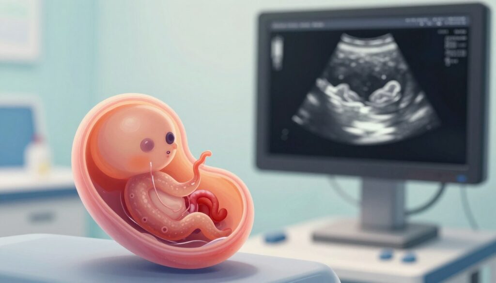 A detailed and realistic illustration of a "yolk sac" (pęcherzyka żółtkowego) in an early-stage embryo, positioned in the foreground. The yolk sac should be depicted with vibrant textures, showing its membrane and the surrounding amniotic fluid, capturing the essence of early development. In the middle ground, an ultrasound scan is visible, with the yolk sac prominently displayed, emphasizing clarity and precision. The background features abstract representations of medical imaging equipment and a soft gradient to imply a clinical environment. The lighting is bright and evenly distributed, resembling a well-lit medical room, with a focus on the yolk sac. The overall mood should be educational and informative, suitable for a scientific context, without any text or logos, ensuring a professional appearance.