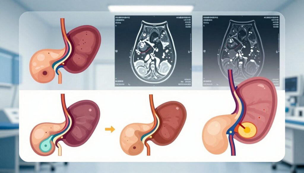 A detailed and vibrant illustration of medical imaging results focusing on the pancreas, showcasing various abnormalities detected through magnetic resonance imaging (MRI). In the foreground, there are color-coded diagrams of the pancreas with highlighted areas representing cysts, inflammation, and tumors, accurately labeled for clarity. The middle layer features a semi-transparent overlay depicting an MRI scan, with anatomical details visible. The background should include a clinical setting, with soft lighting and a clean, sterile environment, resembling a hospital or research facility. The mood is professional and informative, aimed at an audience seeking to understand clinical practices in imaging. Use a wide-angle view to encompass both the images and the medical background seamlessly.