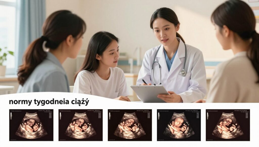 A detailed and visually rich illustration of the "normy tygodnia ciąży" (norms of pregnancy weeks), depicting a serene, informative scene. In the foreground, a close-up of an ultrasound image, gently illuminated to show clear details of a developing fetus at various stages of pregnancy. In the middle ground, a professional, modestly dressed female healthcare provider discussing the ultrasound with a couple, showcasing engagement and understanding. The background features a soothing hospital environment with soft, warm lighting, emphasizing a calm and supportive atmosphere. The composition captures the journey of pregnancy, with a focus on clear visual elements that represent the BPD (Biparietal Diameter) measurements throughout the weeks.
