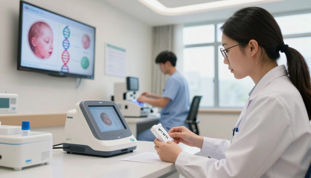 A detailed, clinical setting in a modern prenatal care facility focused on NIPT (NIFTY) testing. In the foreground, a healthcare professional, dressed in a white lab coat and wearing glasses, is examining a high-tech blood test kit labeled "NIPT NIFTY" on a sleek countertop. In the middle ground, a wall-mounted display shows colorful diagrams of fetal DNA testing procedures, while a medical technician, clad in scrubs, prepares lab equipment nearby. The background features soft, ambient lighting to convey a calm, reassuring atmosphere, with large windows allowing natural light to filter in, evoking feelings of hope and anticipation. The angle is slightly elevated to capture the entirety of this serene, professional space, emphasizing the importance of advanced prenatal diagnostics.
