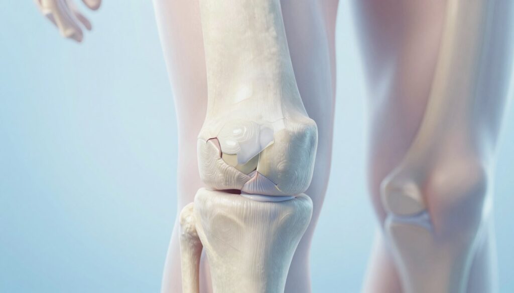 A detailed, close-up illustration of a human knee joint focusing on the articular cartilage of the knee, showcasing healthy and damaged cartilage surfaces. The foreground features intricate textures of the cartilage with clear highlights illustrating surface smoothness and any potential thinning or fractures. The middle ground includes surrounding structures like ligaments and menisci to provide context, highlighted in soft, natural lighting to emphasize anatomical details. The background should blur slightly to enhance focus on the knee joint, using a clean, medical-grade color palette of soft blues and whites. The atmosphere should be clinical and informative, depicting precision in anatomy, suitable for educational purposes.
