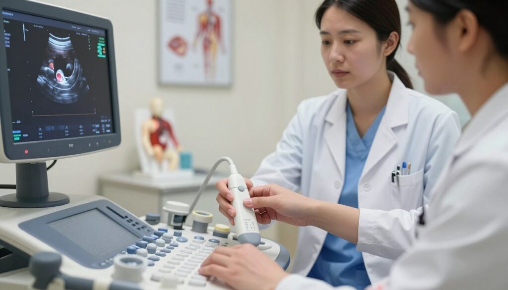 A detailed, close-up view of a transvaginal ultrasound monitoring a developing embryo in a clinical setting. The foreground features the ultrasound machine with a clear screen displaying a vivid image of a small embryo, surrounded by medical instruments. In the middle ground, a focused medical professional, dressed in a white lab coat and blue scrubs, is gently guiding the ultrasound probe. Soft, diffused lighting illuminates the examination room, creating a calm and professional atmosphere. The background showcases medical charts and anatomy models, emphasizing the clinical environment. The composition should evoke a sense of precision and care, highlighting the importance of accurate gestational age assessment during early pregnancy monitoring. A detailed, close-up view of a transvaginal ultrasound monitoring a developing embryo in a clinical setting. The foreground features the ultrasound machine with a clear screen displaying a vivid image of a small embryo, surrounded by medical instruments. In the middle ground, a focused medical professional, dressed in a white lab coat and blue scrubs, is gently guiding the ultrasound probe. Soft, diffused lighting illuminates the examination room, creating a calm and professional atmosphere. The background showcases medical charts and anatomy models, emphasizing the clinical environment. The composition should evoke a sense of precision and care, highlighting the importance of accurate gestational age assessment during early pregnancy monitoring.