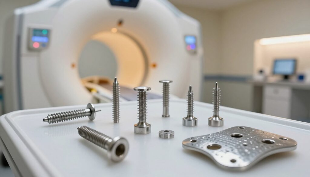 A detailed, close-up view of various medical implants used in conjunction with MRI technology, such as screws, plates, and pacemakers. The foreground showcases these metallic implants with a reflective sheen, emphasizing their intricate design and texture. In the middle ground, an MRI machine is softly lit, highlighting the contrast between the machine's technology and the implants. The background features a blurred hospital setting with warm lighting, creating a professional medical atmosphere. The mood is informative and focused, conveying the significance of understanding the implications of metal in MRI environments. The image is shot from a slightly elevated angle, enhancing visibility while maintaining a polished and clinical look.