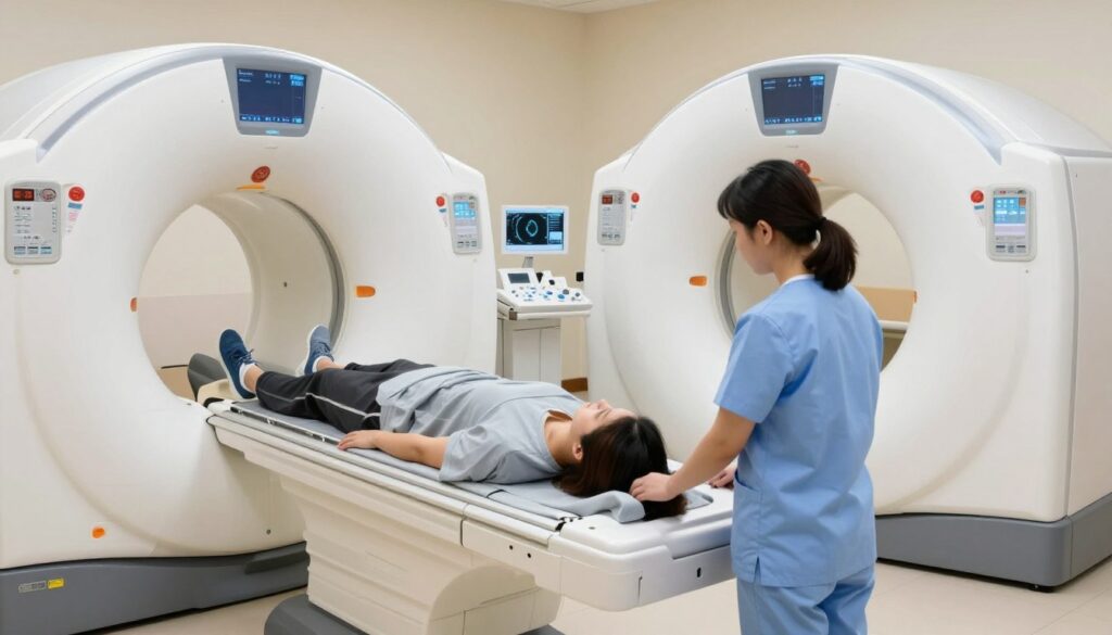 A detailed comparison scene of Magnetic Resonance Imaging (MRI) versus X-ray Computed Tomography (CT), featuring an MRI machine and a CT scanner side by side in a well-lit medical environment. In the foreground, show a technician in professional attire examining a patient on the MRI table, showcasing a sense of safety and care. In the middle ground, depict the CT scanner with a clear, informative layout, possibly with screens displaying images of scans. The background should feature soft, diffused lighting to create a calm atmosphere, emphasizing the contrast in technology and safety measures between MRI and CT. Use a perspective that captures both machines effectively while providing context for their differences.