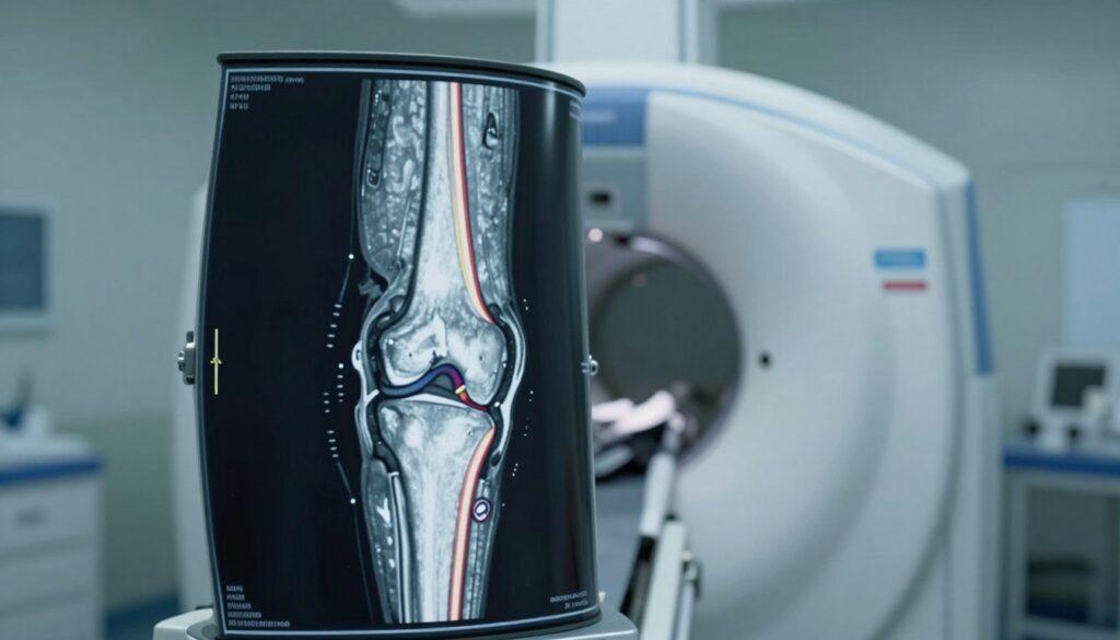 A detailed cross-sectional view of an MRI scan of a human knee, showcasing ligaments, menisci, cartilage, and bones. The foreground highlights the intricate details of the knee structure, with clearly visible ligaments and cartilage in vibrant colors against a dark background. The middle ground features the MRI machine, with soft, clinical lighting illuminating the scan area, emphasizing precision and technology. The background consists of a clean, sterile medical environment, hinting at professionalism and care. The image should convey a sense of advanced medical imaging, with a focus on clarity and accuracy, while maintaining a calm and informative atmosphere, free from any human figures or distractions.