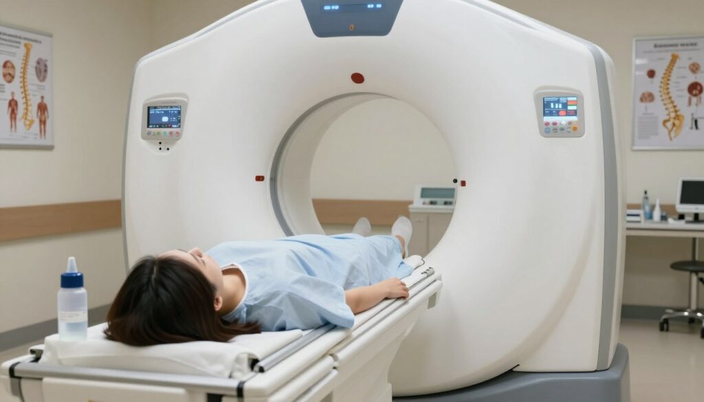 A detailed depiction of a magnetic resonance imaging (MRI) machine in a clinical setting. In the foreground, showcase a patient lying on the examination table, dressed in a hospital gown, preparing for an MRI with contrast. The contrast agent is highlighted in a semi-transparent vial next to the machine. In the middle ground, the MRI machine is prominently featured with intricate details, showing the circular opening where the patient is scanned. The background should include a softly lit medical room, with anatomical posters of the spine on the walls and a calm, sterile environment. Use soft, natural lighting to create a reassuring atmosphere, emphasizing the importance of this procedure in diagnosing spinal changes, injuries, and diseases. Arrange the composition at a slight angle for dynamic perspective.