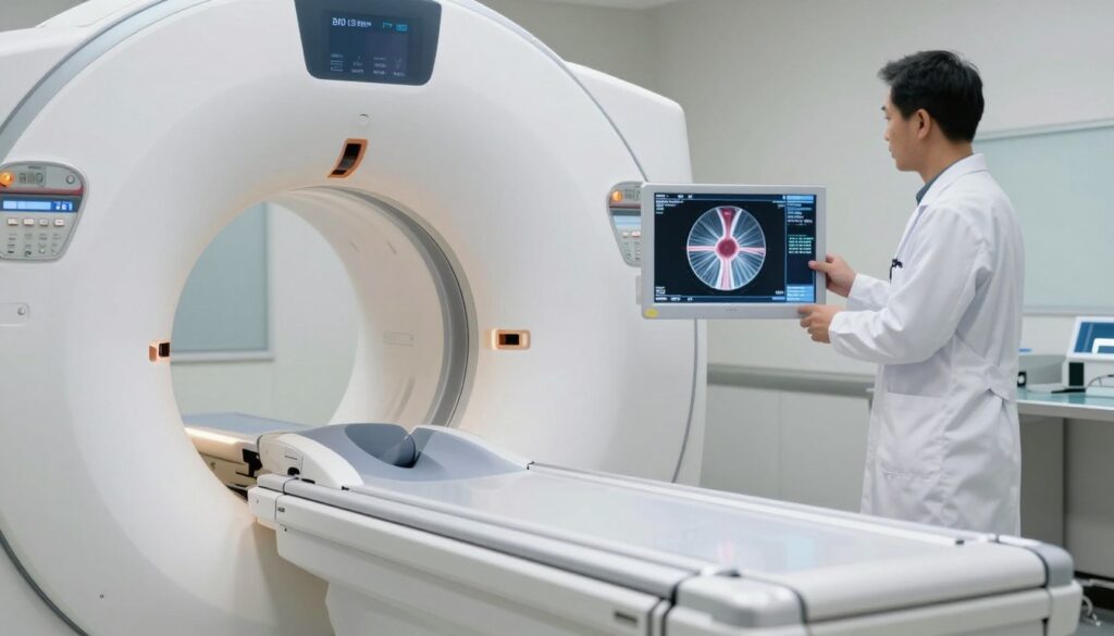 A detailed depiction of a medical imaging scene focused on an MRI machine specifically designed for eye and orbital scans. In the foreground, a state-of-the-art MRI scanner with a smooth, metallic finish shines under bright, clinical lighting. The middle layer features a clear view of high-resolution, detailed images of the optic nerve, eye muscles, and potential tumors displayed on a digital screen, showcasing the contrast used in the imaging process. In the background, a professional medical technician in a white lab coat is preparing the machine, exuding a sense of expertise and care. The atmosphere is sterile yet inviting, filled with a sense of advanced technology and precision. Soft light enhances the clinical ambiance while maintaining a focus on the importance of the MRI process.
