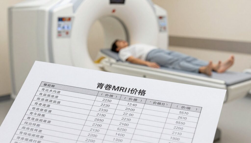 A detailed depiction of a medical pricing chart for spinal MRI scans. In the foreground, showcase a clear and organized table with various categories of spinal MRI costs, printed on a crisp white paper. In the middle ground, include a calming healthcare environment, featuring a modern MRI machine and a slightly blurred image of a patient in modest casual clothing, lying on the examination table. In the background, soft lighting illuminates the space, creating a serene atmosphere that conveys professionalism and trust. The lens should be slightly angled to capture both the pricing chart and elements of the medical setting, emphasizing clarity and accessibility.