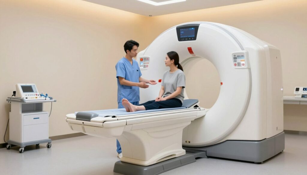 A detailed depiction of a modern computed tomography (CT) scanner set in a well-lit medical examination room. In the foreground, the sleek, circular CT machine stands ready, with a patient table extended. The machine is white and silver, showcasing its high-tech features. In the middle ground, a healthcare professional, dressed in professional scrubs, is explaining the procedure to a patient who is calmly seated on the table, radiating a sense of trust and safety. The background features soft, warm lighting that creates a welcoming atmosphere, with medical equipment neatly arranged on the side, enhancing the clinical environment. The overall mood is informative and reassuring, capturing the essence of advanced medical imaging techniques.