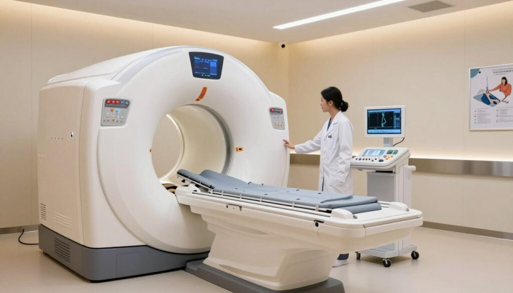 A detailed depiction of an MRI machine in a modern, well-lit medical imaging room. In the foreground, prominently feature a sleek, cylindrical MRI scanner with its door open, revealing a padded patient table inside. The middle layer should include a healthcare professional in a lab coat, demonstrating the use of the MRI machine, operating a control console with various buttons and screens displaying patient data. In the background, soft ambient lighting creates a calm atmosphere, with walls decorated with medical posters and an ethereal glow from ceiling lights highlighting the advanced technology. Use a wide-angle lens effect to capture the entire room while ensuring the focus remains on the machine and the scanning process, conveying a sense of innovation, safety, and professionalism in medical imaging.