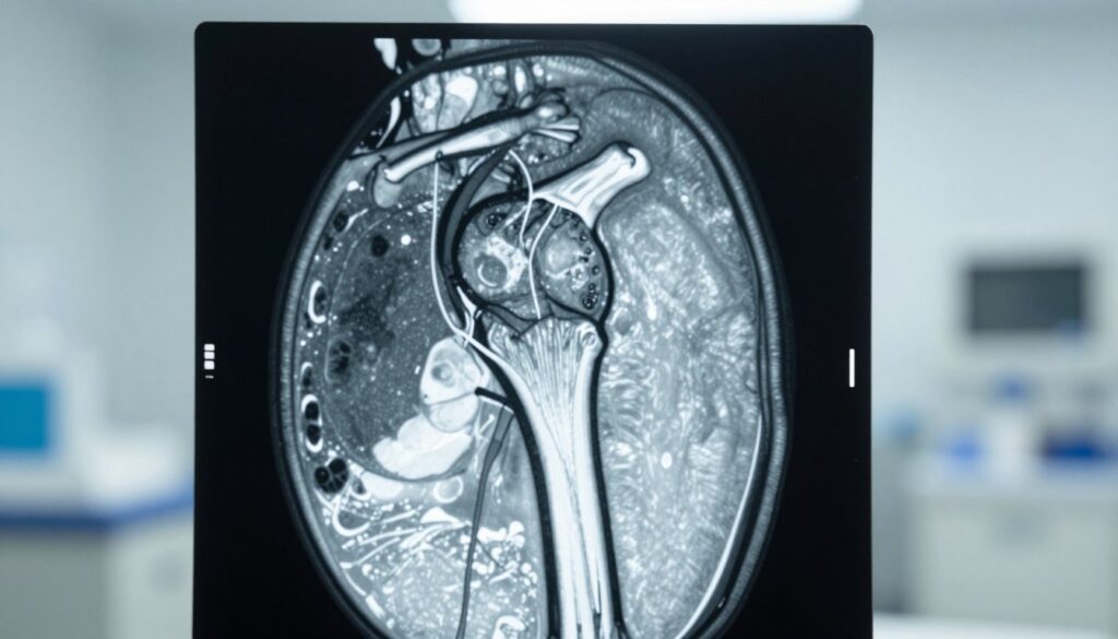A detailed, high-resolution MRI scan of a human shoulder joint, showcasing the glenohumeral joint and surrounding soft tissues, emphasizing the intricate structures such as ligaments, tendons, and cartilage. The MRI should be viewed from a frontal angle, highlighting the relationships between the humerus, scapula, and clavicle. Utilize cool, clinical lighting to enhance the visibility of the anatomical details, and create a crisp, clear contrast between the bone and soft tissue on the scan. Surrounding the MRI scan, include a faint, blurred medical environment to evoke a sense of professionalism and clinical expertise, focusing on the diagnostic aspect of assessing shoulder pain and mobility restrictions. The overall mood should be informative and analytical, suitable for a medical article.