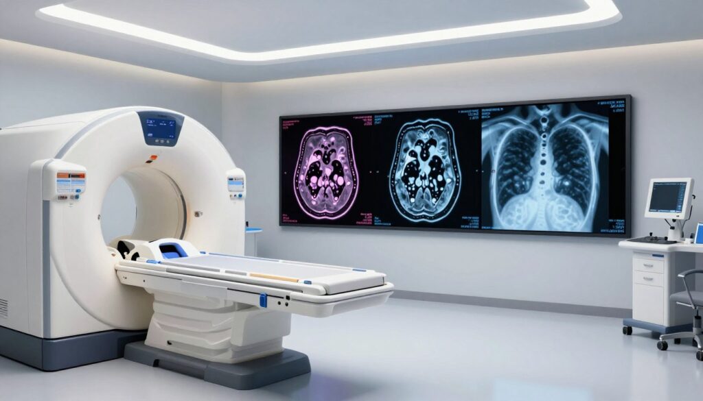 A detailed illustration contrasting CT scans and X-rays with MRI technology. In the foreground, a digital rendering of a CT scanner showcasing intricate internal components and imaging screens. The middle ground features a side-by-side comparison of colorful, stylized MRI scans and clear X-ray images laid out for examination. In the background, a sleek, modern medical environment with soft, overhead lighting, evoking a sense of clinical professionalism. The image should convey a mood of high-tech medical diagnostics, with a focus on clarity and precision in the equipment and imagery depicted. Use a wide-angle lens perspective to enhance depth, ensuring the scene feels interactive and informative for viewers. A detailed illustration contrasting CT scans and X-rays with MRI technology. In the foreground, a digital rendering of a CT scanner showcasing intricate internal components and imaging screens. The middle ground features a side-by-side comparison of colorful, stylized MRI scans and clear X-ray images laid out for examination. In the background, a sleek, modern medical environment with soft, overhead lighting, evoking a sense of clinical professionalism. The image should convey a mood of high-tech medical diagnostics, with a focus on clarity and precision in the equipment and imagery depicted. Use a wide-angle lens perspective to enhance depth, ensuring the scene feels interactive and informative for viewers.