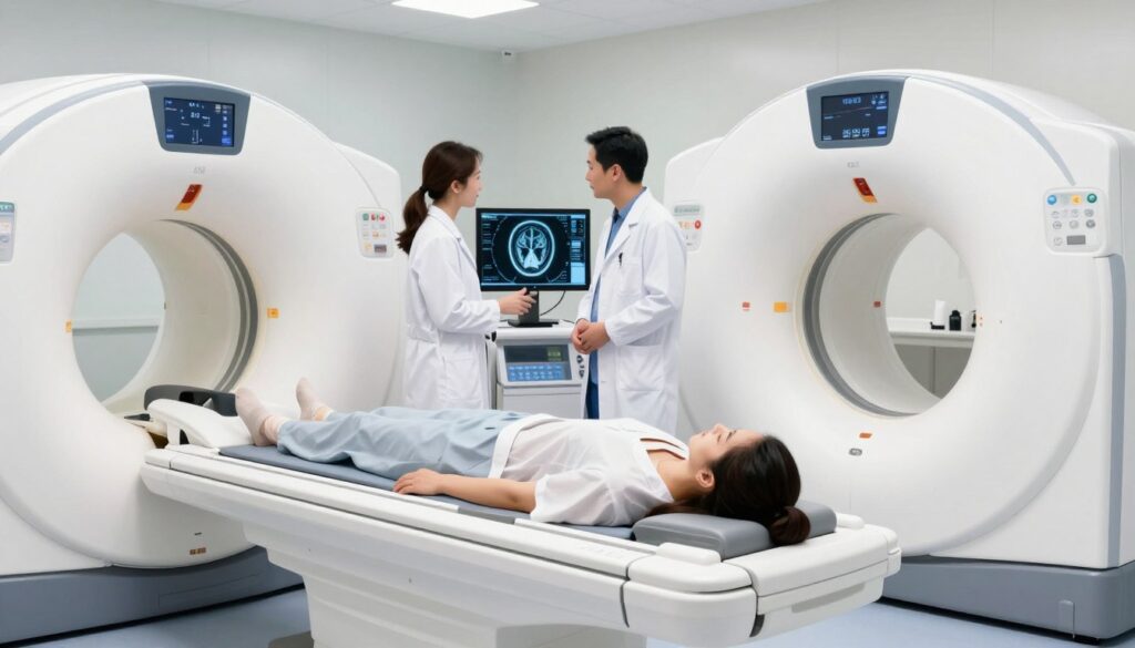 A detailed illustration depicting various types of head resonance imaging techniques, such as MRI scans and CT scans. In the foreground, feature a modern, sleek MRI machine with a patient lying down in a calm, professional setting, dressed in modest hospital attire. In the middle ground, show health professionals discussing images on a computer screen, wearing lab coats and focused expressions. The background should have soft, clinical lighting enhancing the sterile atmosphere of a medical facility. Utilize an angled perspective to emphasize both the technology and the healthcare professionals' interactions. The overall mood is informative and professional, reflecting the complexity and significance of different imaging modalities.