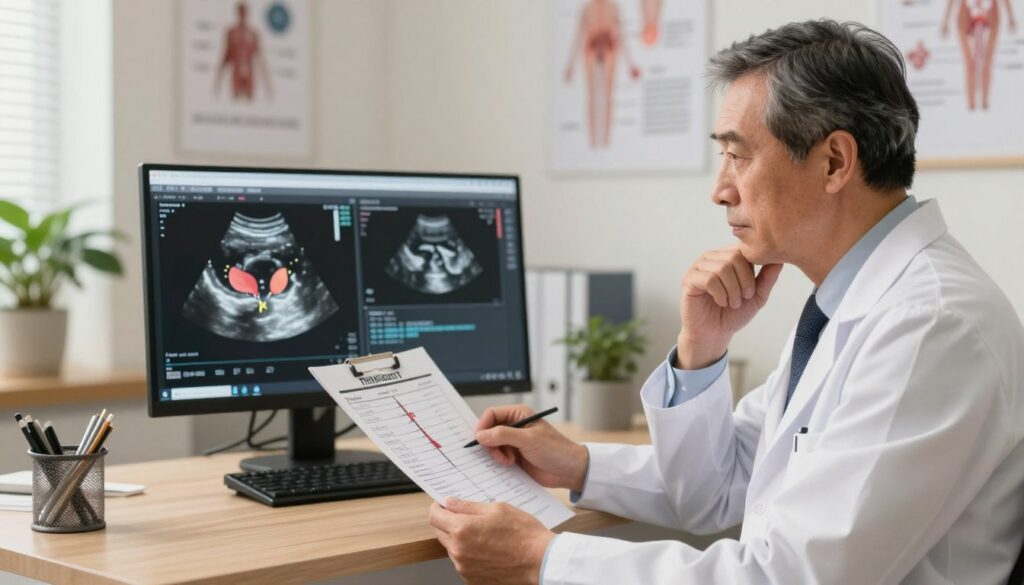 A detailed illustration focusing on the symptoms associated with urinary issues. In the foreground, depict a middle-aged man wearing a professional outfit, displaying a contemplative expression as he interacts with a chart of prostate dimensions. In the middle, a well-organized office setting with a digital screen showing ultrasound images of the prostate, emphasizing clinical findings. The background features a calm, softly lit environment with plants and medical posters related to urology. The lighting should be warm and inviting, creating a sense of professionalism and care. Capture a mood of awareness and insight, highlighting the importance of observing symptoms in daily life related to urinary health.