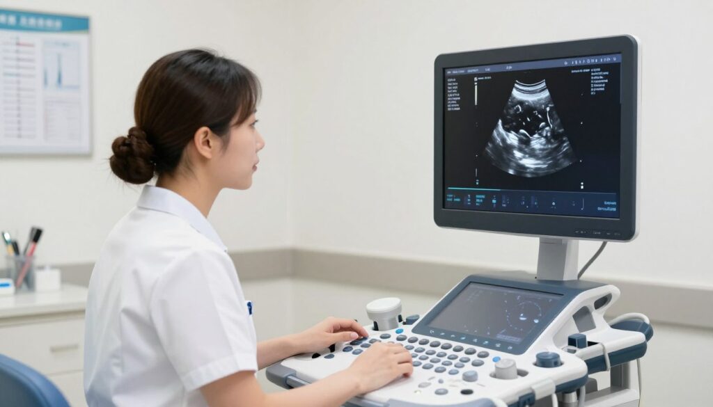 A detailed illustration of a 2D ultrasound machine in a bright, clinical examination room. In the foreground, prominently display the ultrasound device with a monitor showing black and white images of an anatomical scan, such as a fetus or an organ, clearly captured in 2D. In the middle, a healthcare professional in professional business attire is attentively monitoring the screen, ensuring a focus on the imaging technology. In the background, soft, diffused lighting emphasizes the sterile environment, with medical charts and instruments subtly positioned on the walls and tables. The overall mood is one of precision and care, highlighting the sufficiency and effectiveness of 2D imaging in medical diagnostics.