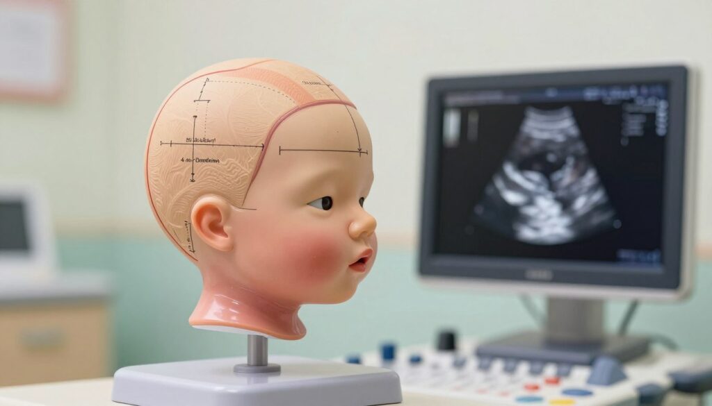 A detailed illustration of a 3D model showing the dimensions of a fetal head as seen in ultrasound imaging, prominently positioned in the foreground. The model should capture intricate anatomical features, with clear labels indicating measurements and angles, such as biparietal diameter and head circumference. In the middle ground, a soft-focus ultrasound monitor displays a typical ultrasound scan featuring a fetus, enhancing the context. The background should be a calming medical environment, with subtle pastel colors that evoke a sense of professionalism and serenity. Use even, natural lighting to highlight the details and textures of both the 3D model and the ultrasound image. The overall mood is informative and reassuring, suitable for a medical audience.