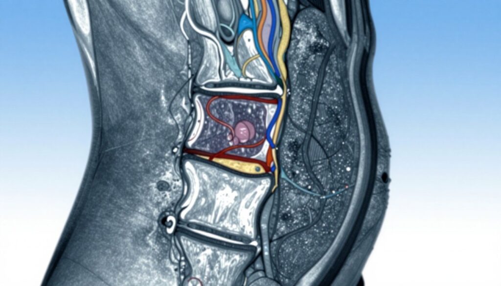 A detailed illustration of a cervical spine MRI scan, showcasing a cross-sectional view of the cervical vertebrae, intervertebral discs, and spinal cord. In the foreground, focus on the region of the cervical discs, highlighting their fluid and structure with intricate detail and contrast. The middle section should depict the spinal cord surrounded by neural pathways, emphasizing healthy and degenerated areas with color variations for clarity. The background should feature a gradient of soft blues and whites to convey a clinical, medical atmosphere. Utilize bright, diffuse lighting to enhance the clarity and visibility of the intricate structures, creating a precise, informative, and professional depiction suitable for an educational purpose. Aim for a clean, modern aesthetic devoid of any distractions.