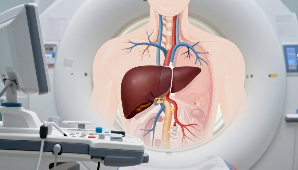 A detailed illustration of a cholangiography procedure, showcasing the intricate anatomy of the biliary ducts. In the foreground, depict the imaging equipment, including an MRI machine with clear indicators of contrast usage. The middle ground features a stylized representation of the human body, highlighting the liver and bile ducts through a translucent effect, illustrating both contrast-enhanced and non-contrast views side by side for comparison. The background should consist of a softly lit clinical setting with medical charts and equipment subtly blurred, conveying a professional medical atmosphere. Use bright, clear lighting to emphasize the details of the anatomy while creating a calm yet focused mood, akin to a serene medical environment.