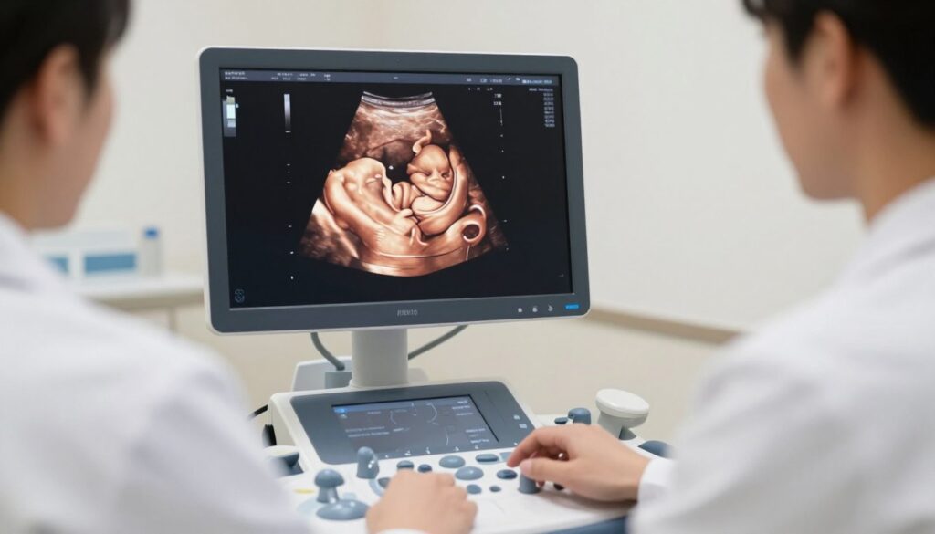 A detailed illustration of a fetal abdominal circumference measurement during an ultrasound examination. In the foreground, show a medical professional in a lab coat, attentively operating an ultrasound machine, with a focus on the monitor displaying a clear image of the fetus. In the middle ground, highlight a well-defined ultrasound image of a fetus, showcasing a cross-section of the abdomen with clear outlines of anatomical features. The background should feature a clinical setting with soft lighting, emphasizing a calm and professional atmosphere. The image should convey a sense of accuracy and importance, reflecting the critical nature of measuring fetal abdominal circumference in assessing development. Utilize soft, natural light to enhance the realism of the scene.