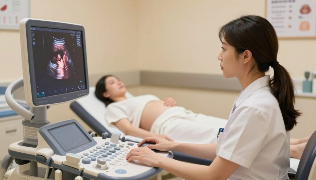 A detailed illustration of a healthcare professional conducting a transvaginal ultrasound examination, showcasing the advanced stages of pregnancy. In the foreground, a female medical practitioner in professional business attire is focused on operating the ultrasound machine, while in the middle, a serene examination room features a patient comfortably positioned and covered modestly. The background reveals soft, warm lighting to create a calming atmosphere, with subtle medical charts and equipment neatly arranged on the walls. The angle captures the interaction between the doctor and the ultrasound monitor, highlighting the screen displaying a clear image of the developing fetus. The overall mood is professional and focused, emphasizing the importance of the procedure in advanced pregnancy.