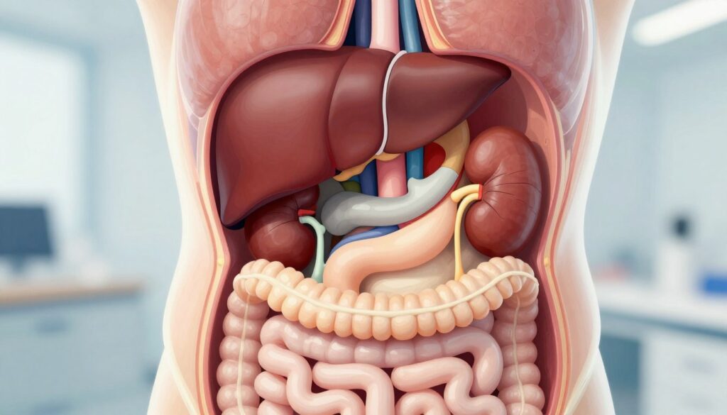 A detailed illustration of a human abdomen, highlighting the structures of the abdominal cavity and retroperitoneal space. In the foreground, an anatomically accurate diagram with labeled organs such as the liver, kidneys, spleen, and intestines. In the middle ground, a transparent view showing layers of the abdominal wall, with a soft glow illuminating the interior. The background should imply a clinical setting, featuring a subtle bokeh effect to enhance focus on the abdomen. The lighting is bright and clinical, suggesting a medical examination vibe. The overall atmosphere is educational and professional, ideal for a medical article. No human figures are included, to maintain a sterile focus on anatomy.