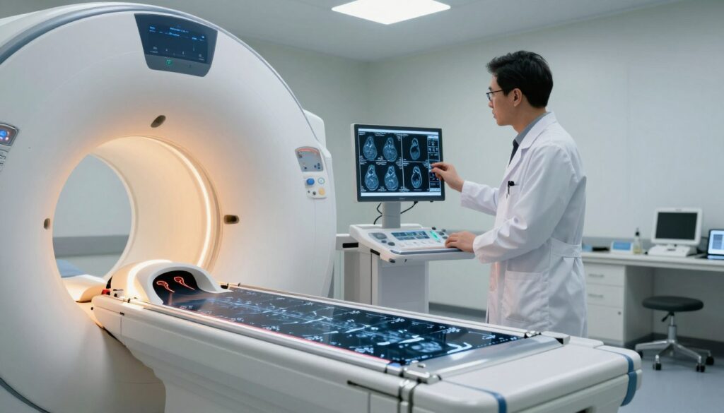 A detailed illustration of a magnetic resonance imaging (MRI) machine in a clinical setting, showcasing the process of analyzing reduced signal strength. In the foreground, a close-up view of the MRI scanner's internal mechanism with glowing components, symbolizing low signal levels. The middle ground features a medical professional, dressed in a white lab coat, studying the MRI images on a high-resolution monitor, with a look of concentration and concern. In the background, a serene room filled with soft, diffused lighting, illuminated by overhead lights, enhances the clinical atmosphere. The overall mood is serious and professional, conveying the importance of accurate diagnosis and understanding of MRI results. The image should be highly detailed, capturing both technology and the human element in a medical context.
