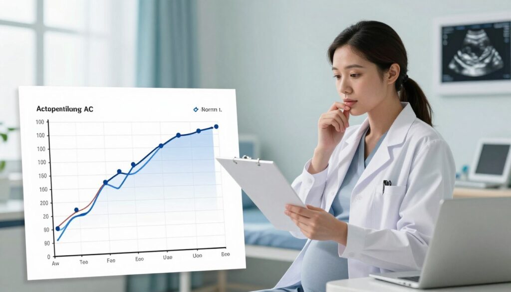 A detailed illustration of a medical chart depicting fetal abdominal circumference (AC) growth percentiles and norms based on gestational age. In the foreground, a close-up of the chart shows clear graphical lines representing different centile curves and points indicating measurements over weeks of pregnancy. In the middle ground, a professional-looking pregnant woman in a lab coat examines the chart with a thoughtful expression, highlighting the importance of AC measurements. The background includes soft, sterile clinical environment elements like a laptop, ultrasound images, and soft light filtering through a window, creating a calm and informative atmosphere. The overall mood is educational and supportive, aiming to convey trust and professionalism in prenatal medical care.