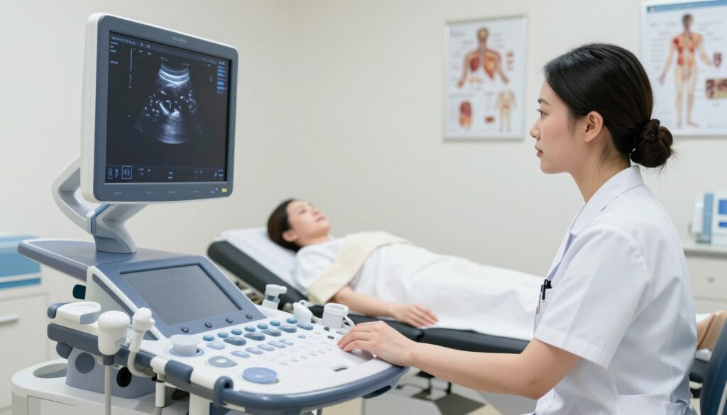A detailed illustration of a medical ultrasound room focused on transvaginal ultrasound, depicting a clinical setting with a highly advanced ultrasound machine in the foreground. A healthcare professional, dressed in professional scrubs and a lab coat, is attentively analyzing the ultrasound monitor displaying ambiguous images of the pelvic area, symbolizing the limitations of this diagnostic method. In the middle ground, a patient lies comfortably on the examination table, covered modestly with a blanket, conveying a sense of safety and professionalism. The background includes medical charts and anatomical diagrams, adding context to the examination. The lighting is bright and sterile, resembling a clinical atmosphere, with soft shadows to enhance depth. The mood is serious and informative, focusing on the topic of diagnostic limitations in transvaginal ultrasound.