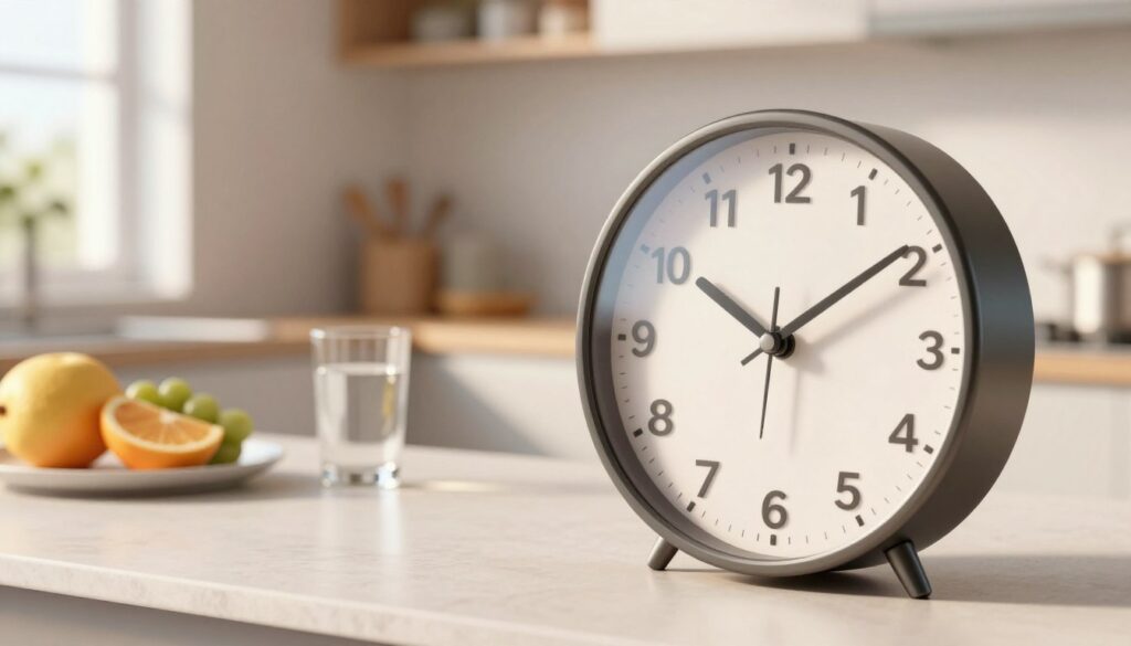 A detailed illustration of a modern kitchen clock, emphasizing the time "8:00" to symbolize fasting hours before a medical test. In the foreground, the clock is prominently displayed with sleek metallic hands and a glass cover reflecting soft, warm light. In the middle ground, a serene, uncluttered kitchen counter is styled in minimalist design, featuring fresh fruits and a glass of water, subtly suggesting a healthy lifestyle. The background shows soft, blurred elements like a window with natural light streaming in, providing a calm and focused atmosphere. The overall mood captures clarity and readiness, ideal for conveying the concept of time and preparation before a medical examination. A detailed illustration of a modern kitchen clock, emphasizing the time "8:00" to symbolize fasting hours before a medical test. In the foreground, the clock is prominently displayed with sleek metallic hands and a glass cover reflecting soft, warm light. In the middle ground, a serene, uncluttered kitchen counter is styled in minimalist design, featuring fresh fruits and a glass of water, subtly suggesting a healthy lifestyle. The background shows soft, blurred elements like a window with natural light streaming in, providing a calm and focused atmosphere. The overall mood captures clarity and readiness, ideal for conveying the concept of time and preparation before a medical examination.