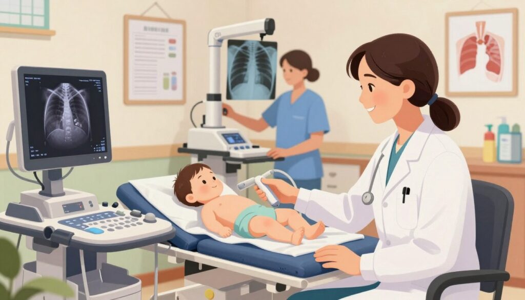 A detailed illustration of a pediatrician's office focusing on lung ultrasound and chest X-ray comparisons for children. In the foreground, a friendly pediatrician in professional attire is demonstrating the ultrasound equipment, with images of healthy lungs displayed on the screen. In the middle ground, an infant lying comfortably on a padded examination table, surrounded by colorful, child-friendly decor, while a technician sets up a chest X-ray machine nearby. The background features medical charts and anatomical models related to lung health. The lighting is warm and inviting, suggesting an atmosphere of care and professionalism, with soft shadows enhancing the depth of the scene.
